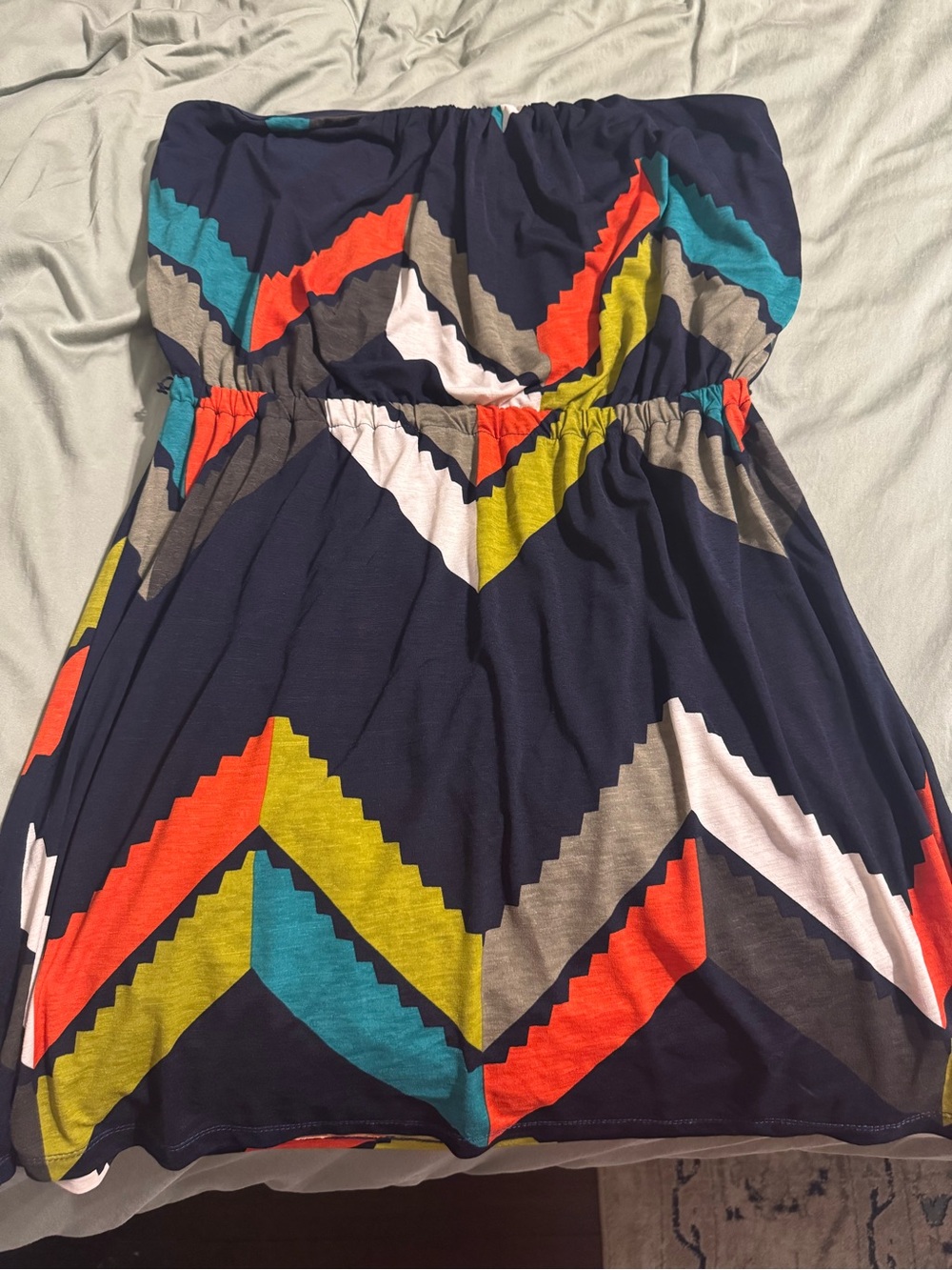Three Pink Hearts Navy Strapless Chevron Print Dress with Multicolor Accents